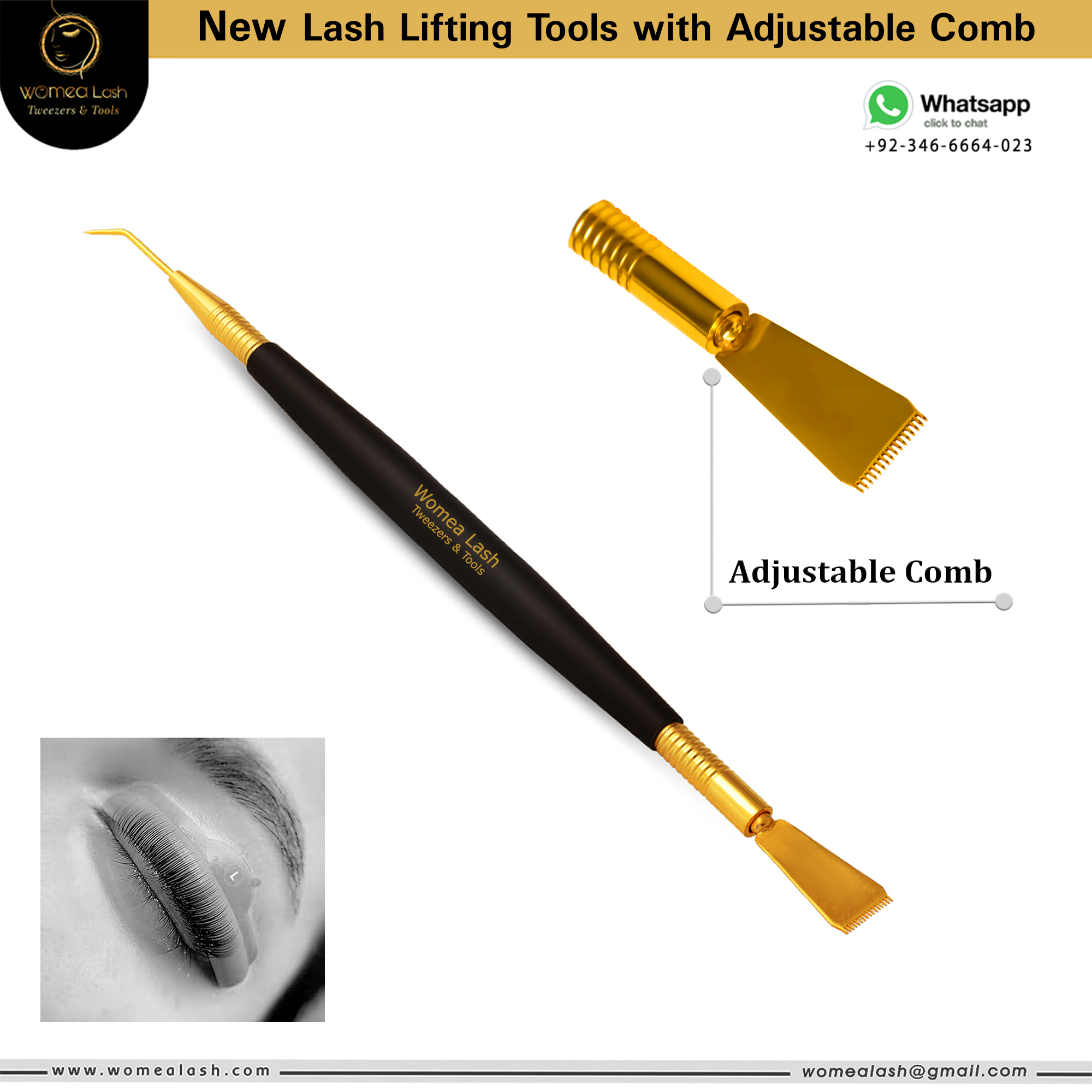 Selling New Lash Lifting Tool with Adjustable Comb in Black & Gold Color in Stainless Steel Material 