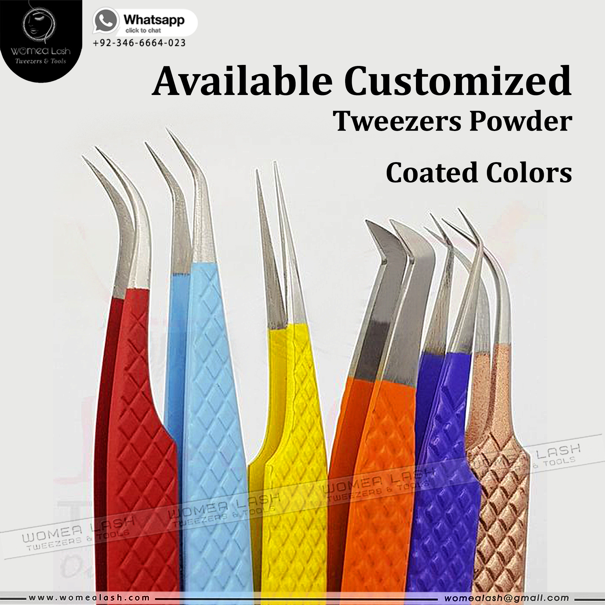 Available Customized Tweezers Powder Coated Colors from Womea Lash Tweezers Company. 