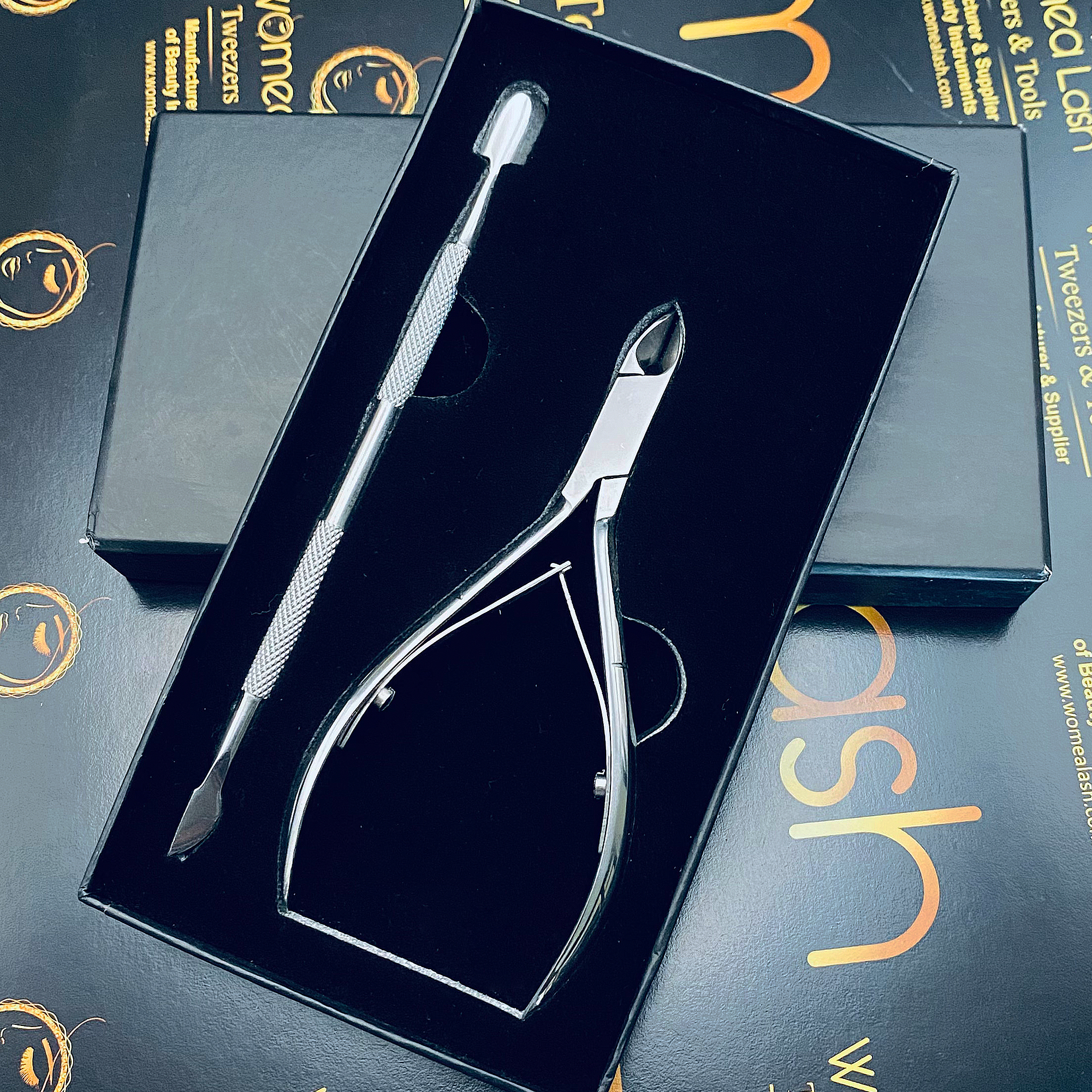 Custom Selling Cuticle Nipper & Pushers with Beautiful Packing Art Card Black Box now on Sail