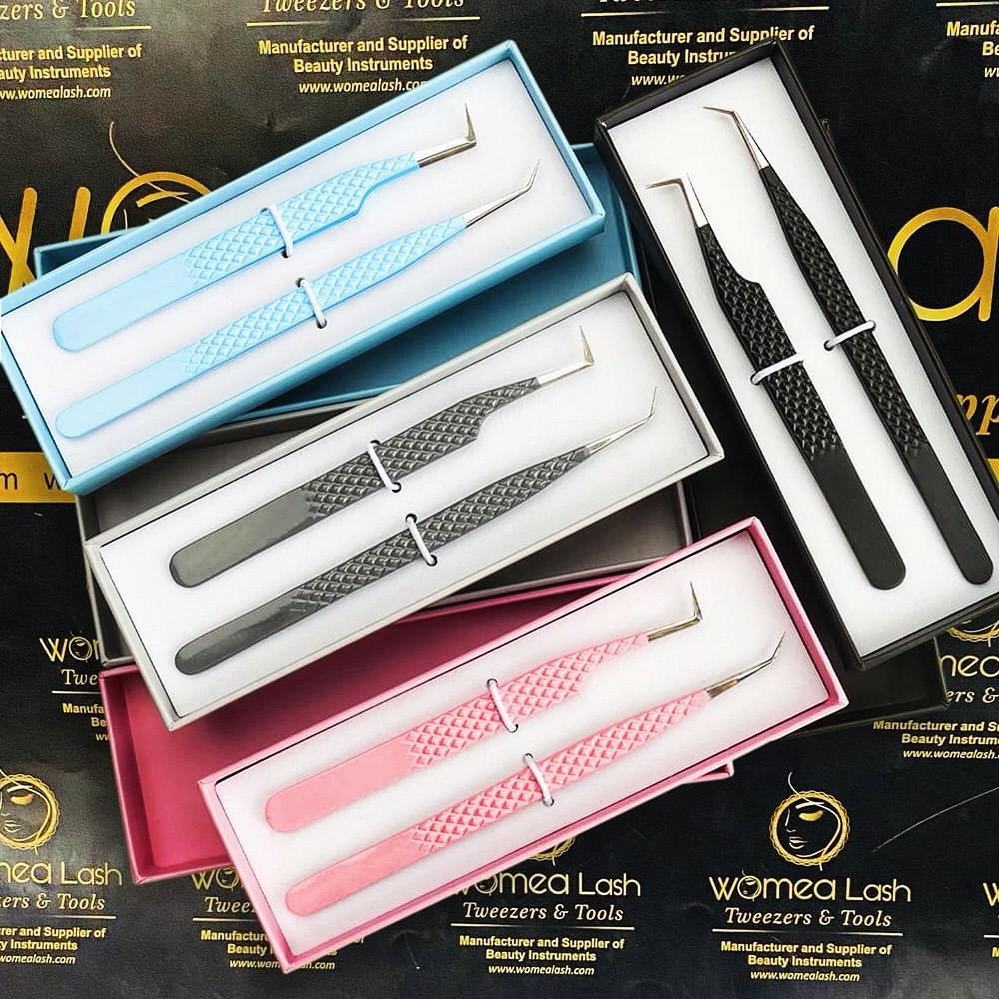 Classic & Volume Lashes Tweezers Fibber Tips in Powder Coated Colors with Same Colors Packing Art Card Box Now on SALE by Womea Lash Tweezers Company