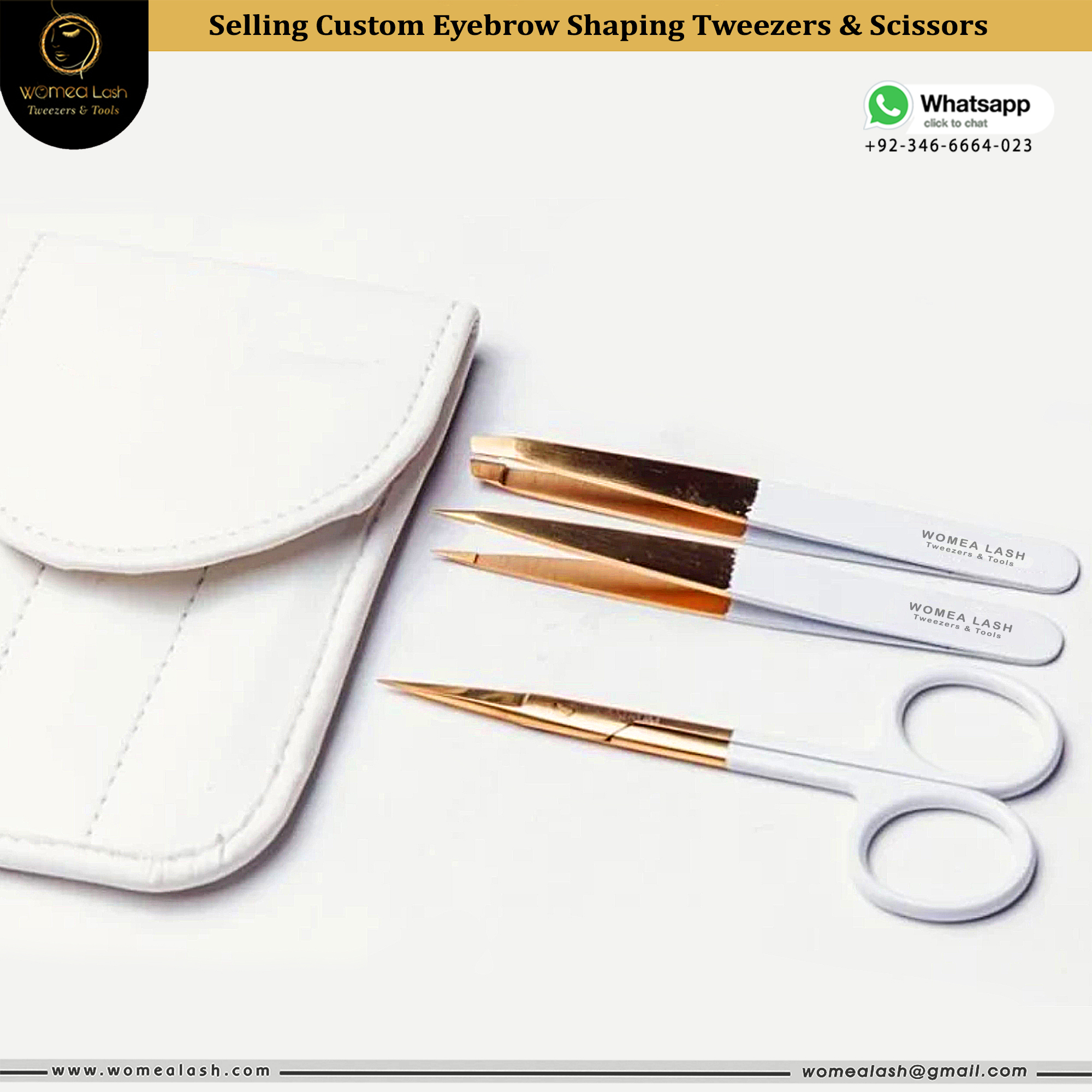 Selling Custom White & Gold Eyebrow Tweezers & Scissors Say Goodbye to all your Messy Facial Hair Game Strong with our 3-piece set for Grooming those Brows to Perfection. 