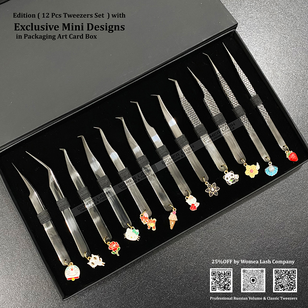 Black Eyelash Extension Tweezers Fibre Tips Edition (12 Pcs Set) with exclusive mini charm designs strawberry, kitty, flower, ice-cream etc
