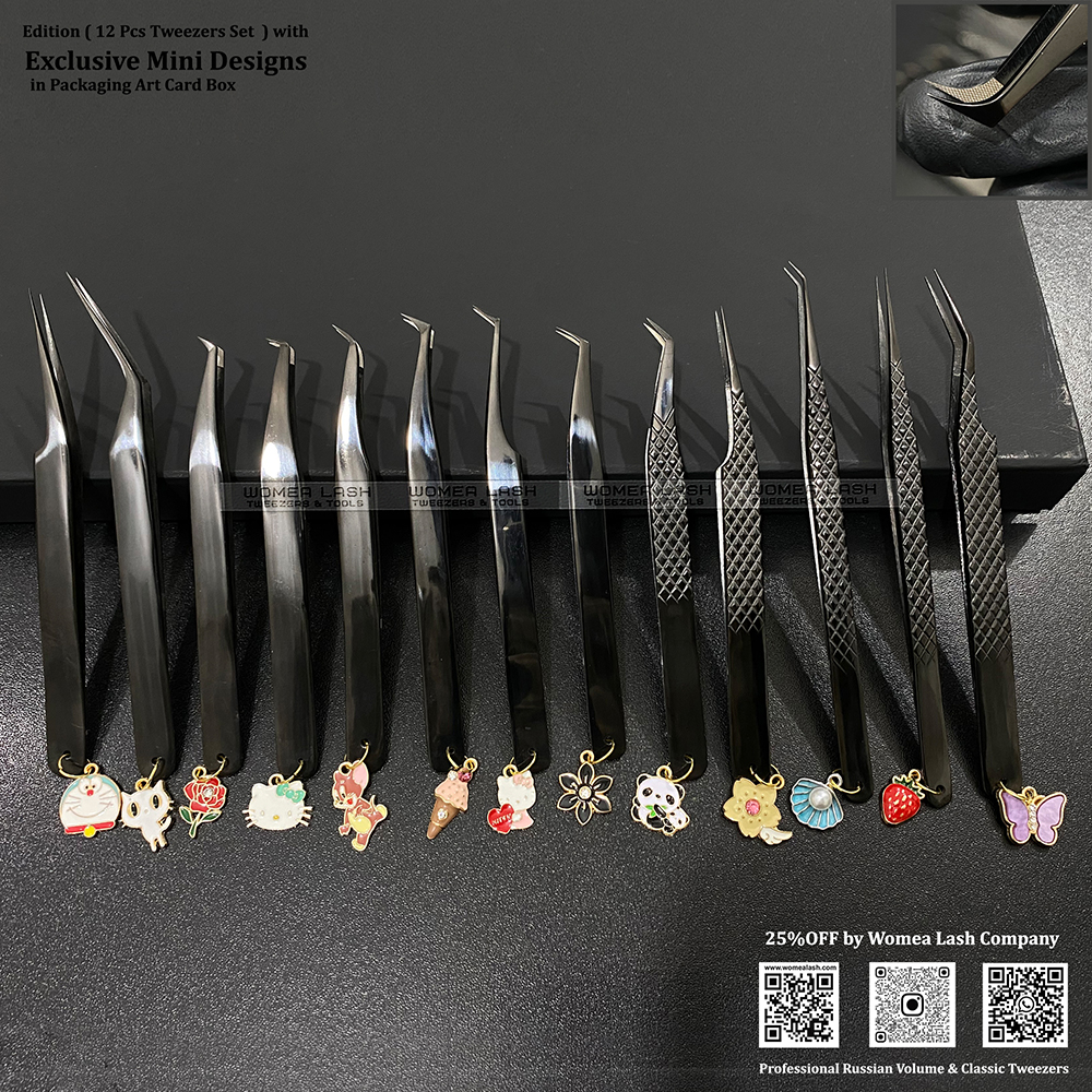 Black Eyelash Extension Tweezers Fibre Tips Edition (12 Pcs Set) with Exclusive Mini charm Designs.