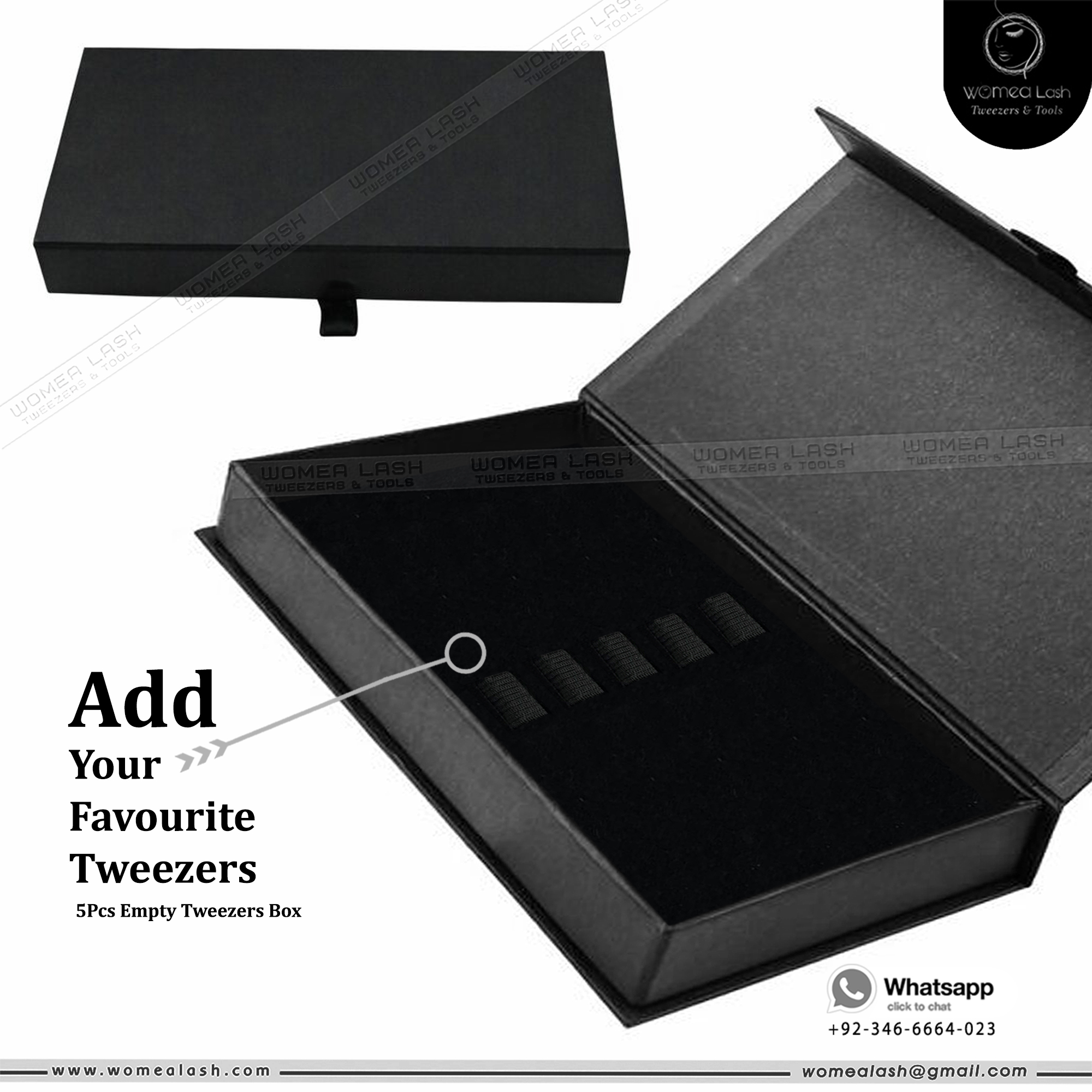 Add your Favourite Tweezers in this Empty 5 Pcs Tweezers Art Card Box now available in Stock by Womea Lash Company.