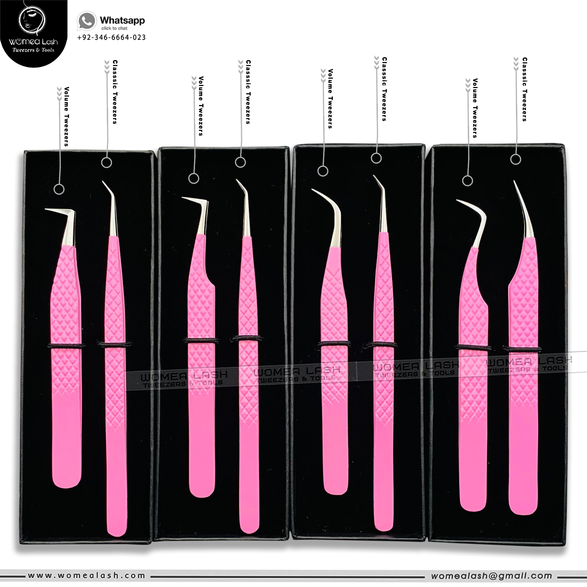 Top selling New Volume & Classic Eyelashes Extension Tweezers in Pink with Black Art Card Packing Box