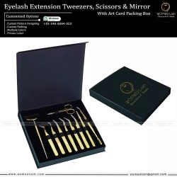 Eyelash Extension Tweezers, Scissors & Mirror with Black Art Card Box